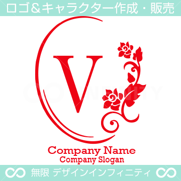 V文字、薔薇、鏡、花、魅力的なイメージのロゴマークデザインです。